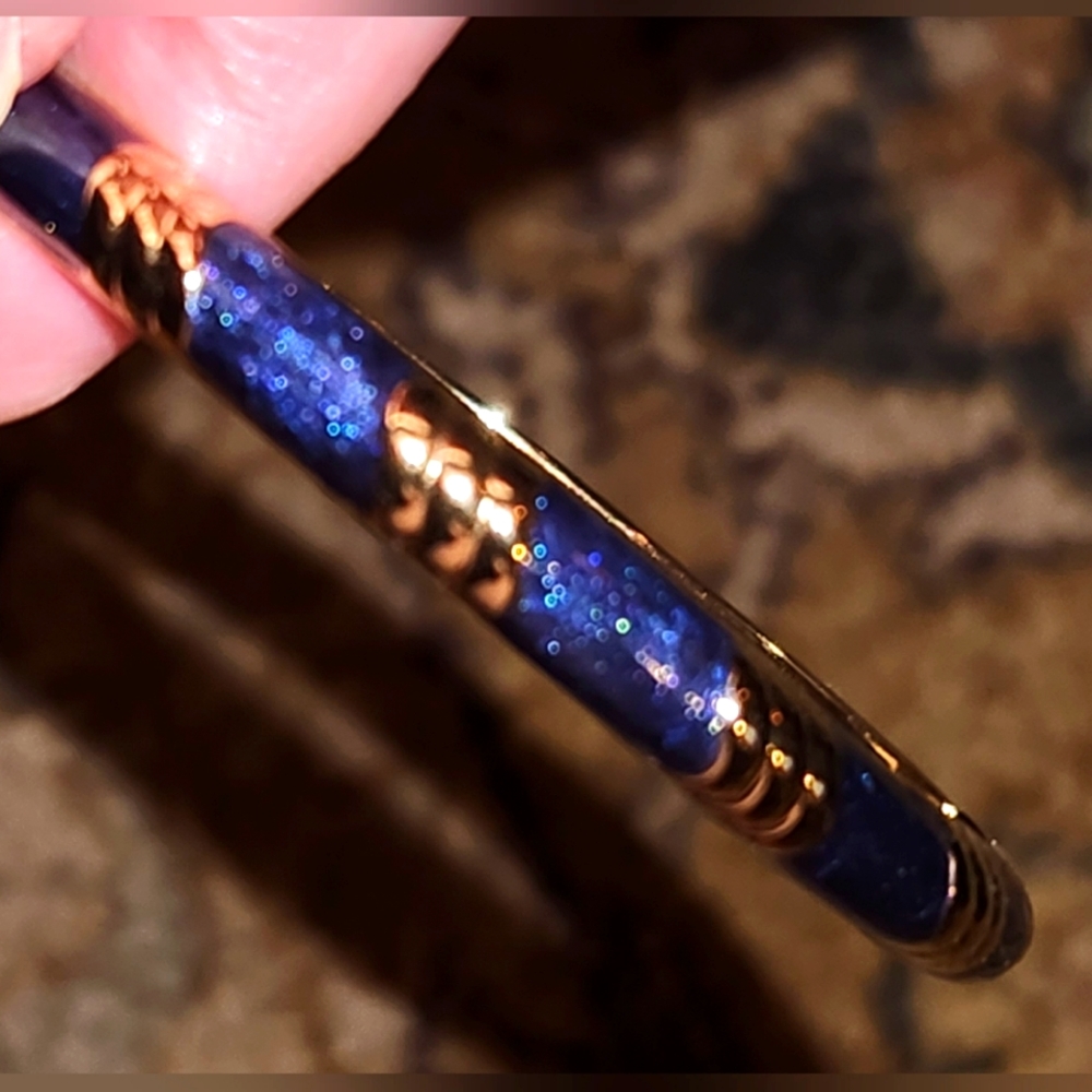 Narrow Blue and Gold Enamel Hinge Bangle